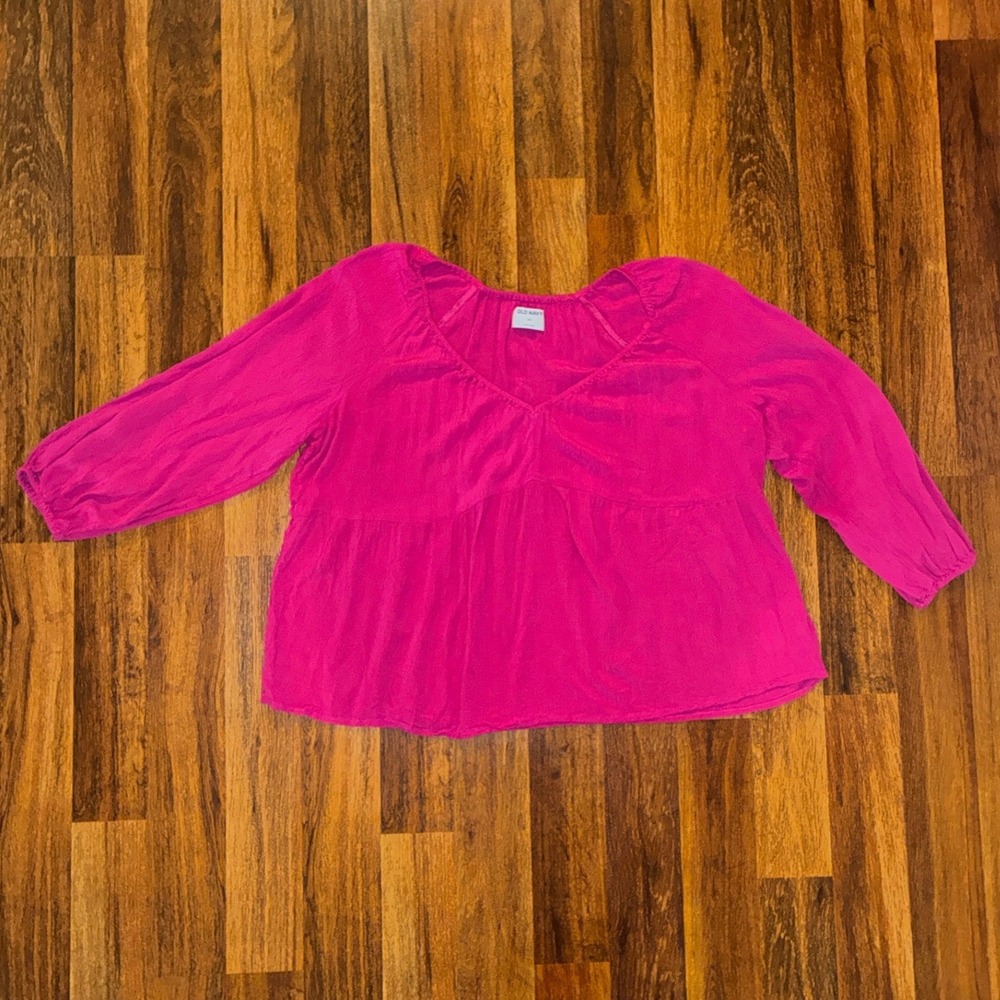 Old Navy Womens XXL Magenta Pink V-Neck Babydoll Peplum Blouse Long Sleeve Top